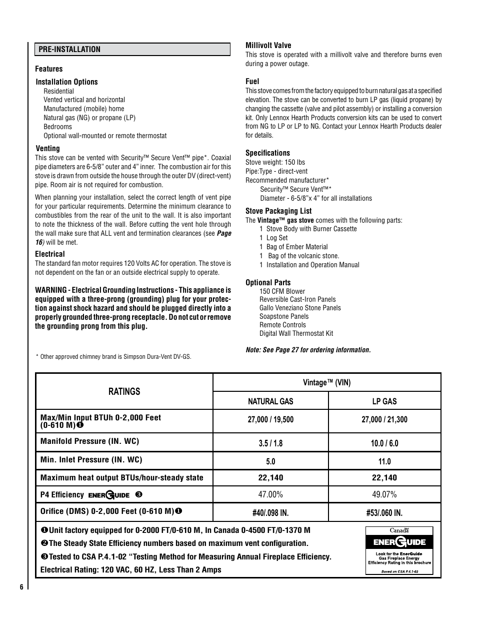 Ratings | Lennox Hearth ELITE VIN User Manual | Page 6 / 30