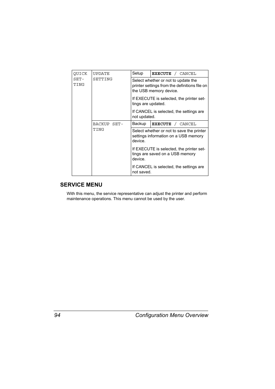 Service menu, Service menu 94, Configuration menu overview 94 service menu | Lennox Hearth MAGICOLOR 4650EN User Manual | Page 108 / 260