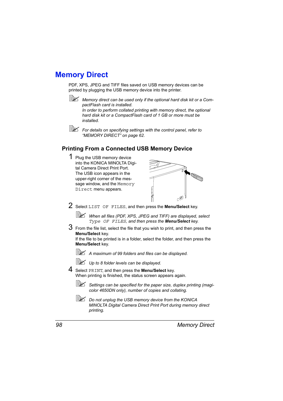 Memory direct, Printing from a connected usb memory device, Memory direct 98 | Printing from a connected usb memory device 98 | Lennox Hearth MAGICOLOR 4650EN User Manual | Page 112 / 260