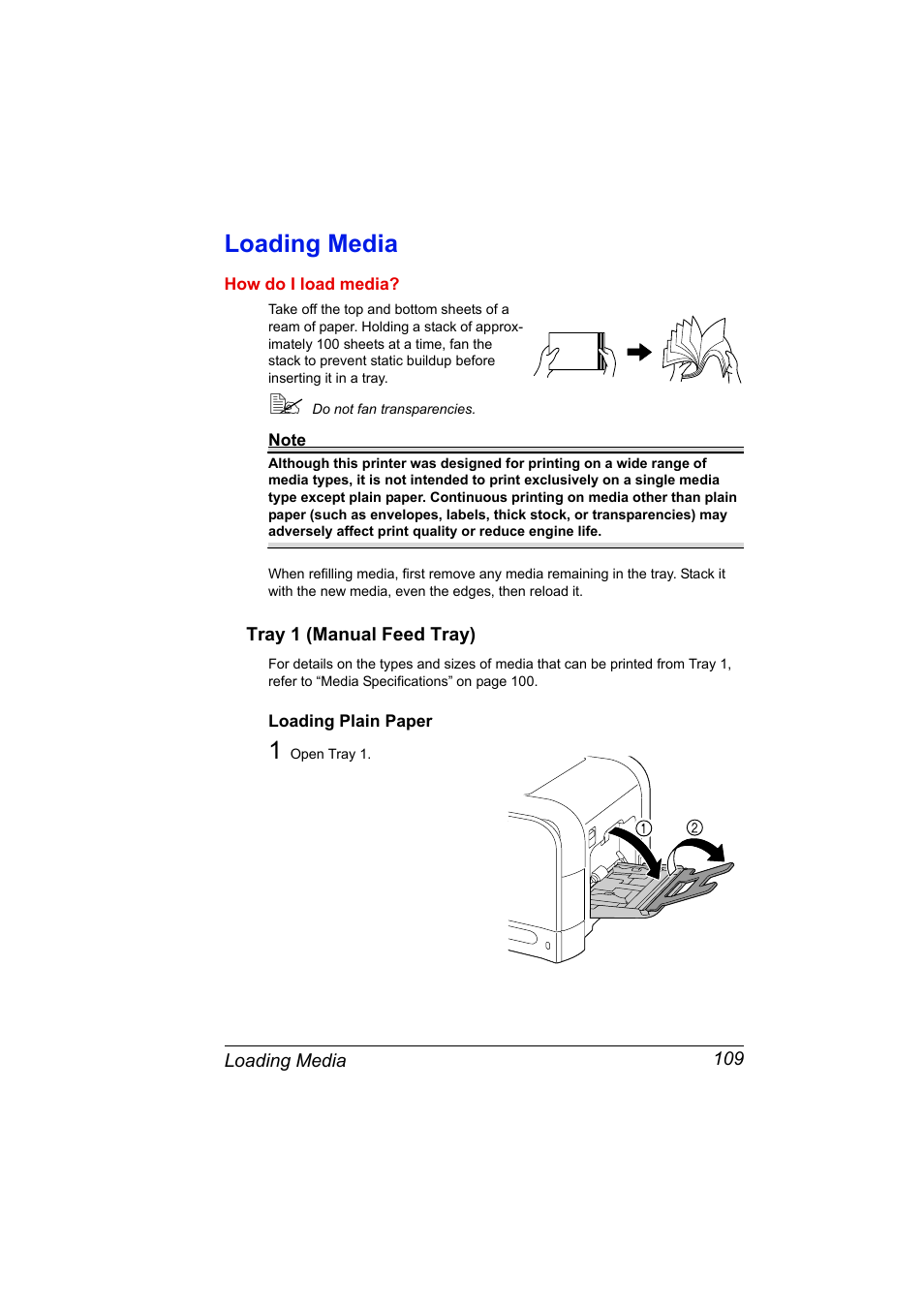 Loading media, Tray 1 (manual feed tray), Loading plain paper | Loading media 109, Tray 1 (manual feed tray) 109, Loading plain paper 109 | Lennox Hearth MAGICOLOR 4650EN User Manual | Page 123 / 260