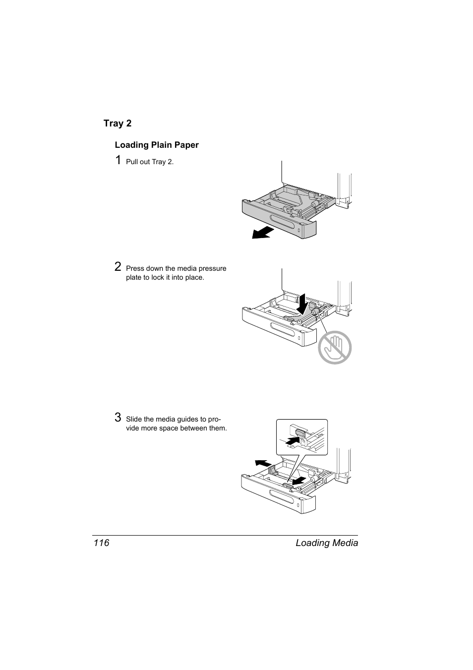 Tray 2, Loading plain paper, Tray 2 116 | Loading plain paper 116 | Lennox Hearth MAGICOLOR 4650EN User Manual | Page 130 / 260