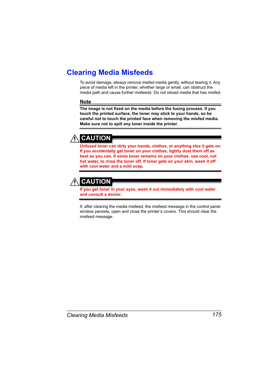 Clearing media misfeeds, Clearing media misfeeds 175, Caution | Lennox Hearth MAGICOLOR 4650EN User Manual | Page 189 / 260