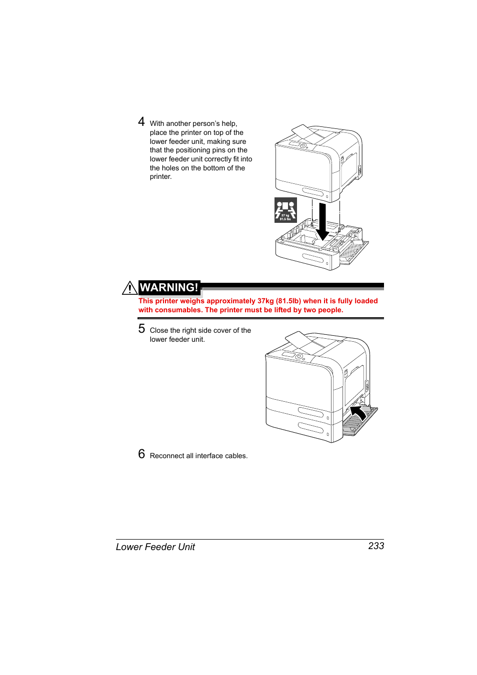 Warning, Lower feeder unit 233 | Lennox Hearth MAGICOLOR 4650EN User Manual | Page 247 / 260