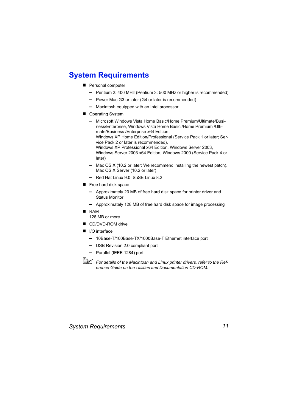 System requirements, System requirements 11 | Lennox Hearth MAGICOLOR 4650EN User Manual | Page 25 / 260