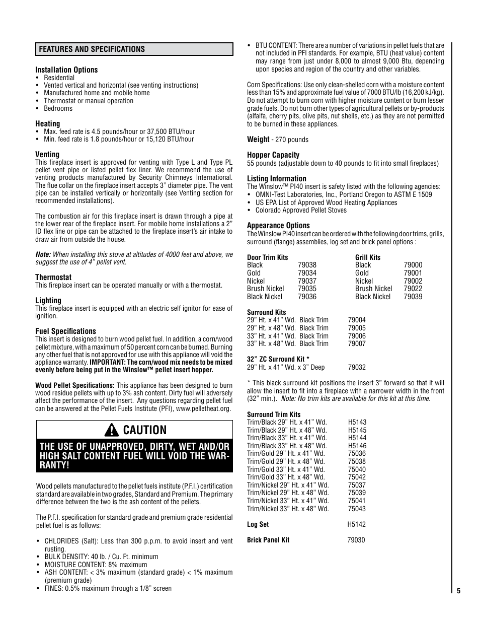 Caution | Lennox Hearth Winslow PI40 User Manual | Page 5 / 36