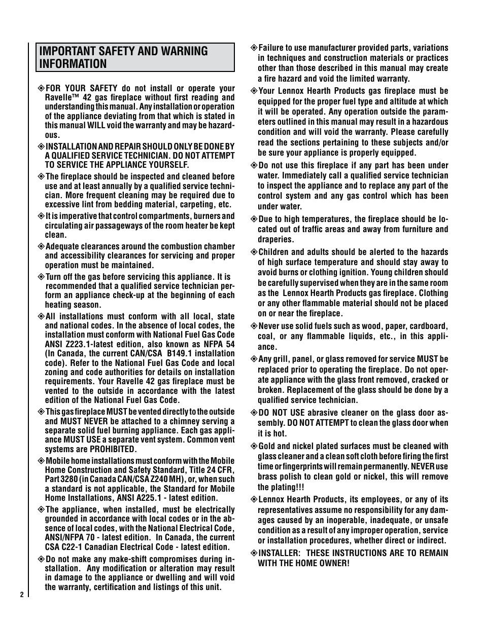 Important safety and warning information | Lennox Hearth C42 User Manual | Page 2 / 40