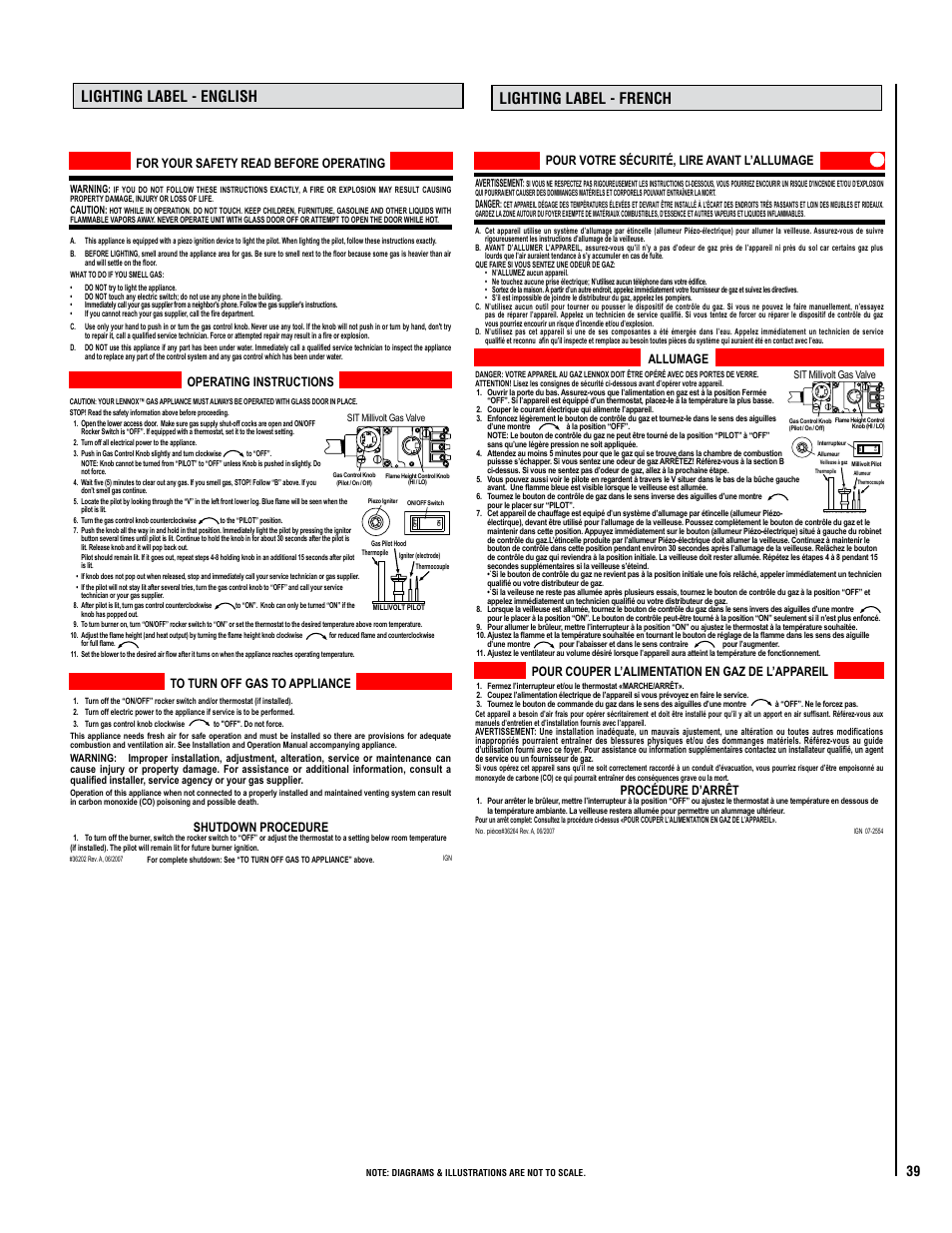 Lighting label - french lighting label - english, For your safety read before operating, Shutdown procedure operating instructions | Pour votre sécurité, lire avant l’allumage, Pour couper l’alimentation en gaz de l’appareil, Procédure d’arrêt allumage | Lennox Hearth C42 User Manual | Page 39 / 40