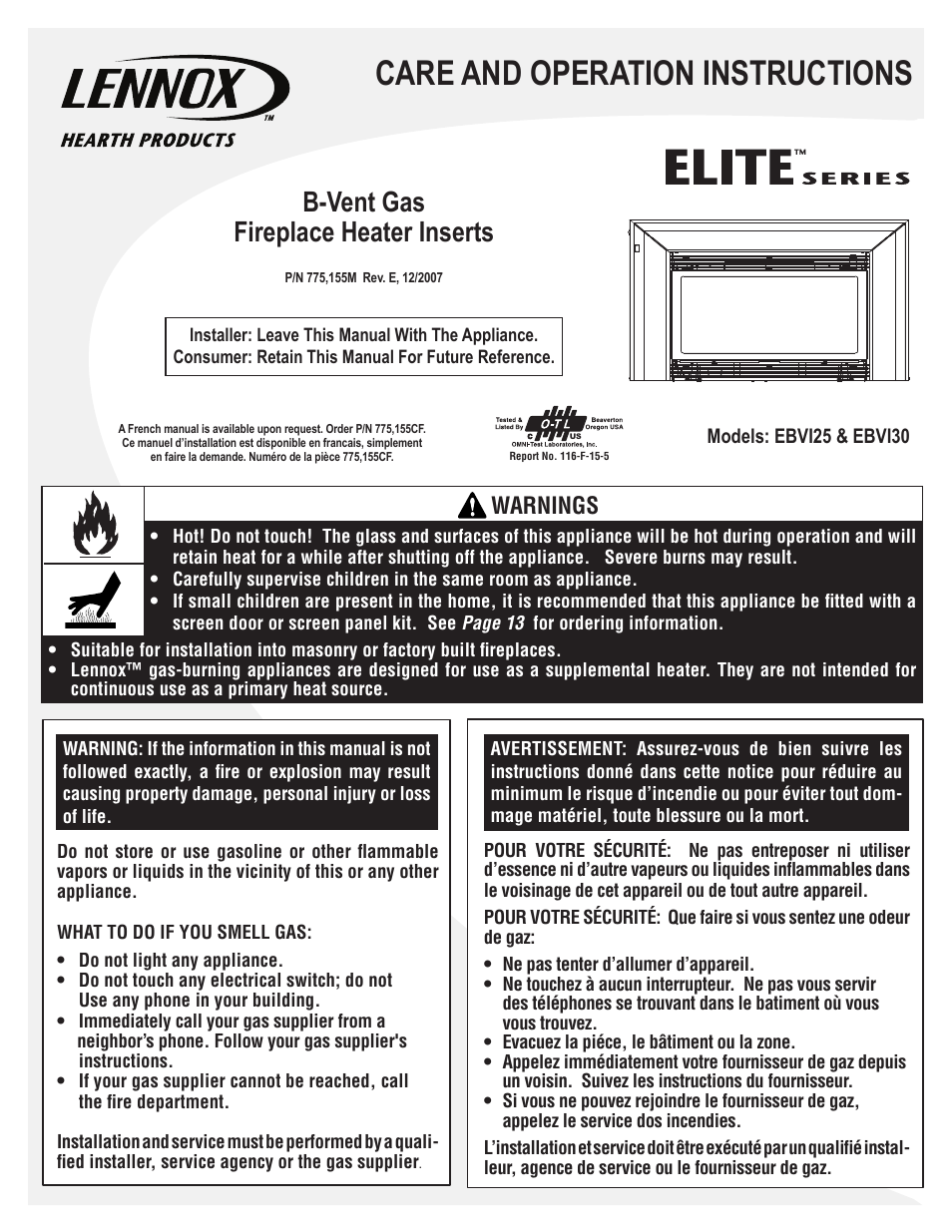 Lennox Hearth ELITE EBVI30US User Manual | 20 pages