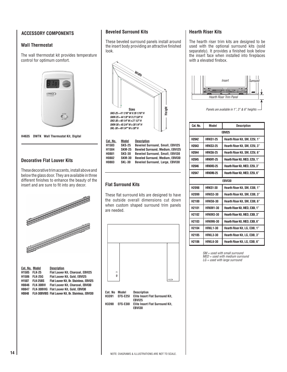 Accessory components wall thermostat, Decorative flat louver kits, Beveled surround kits | Hearth riser kits, Flat surround kits | Lennox Hearth ELITE EBVI30US User Manual | Page 14 / 20