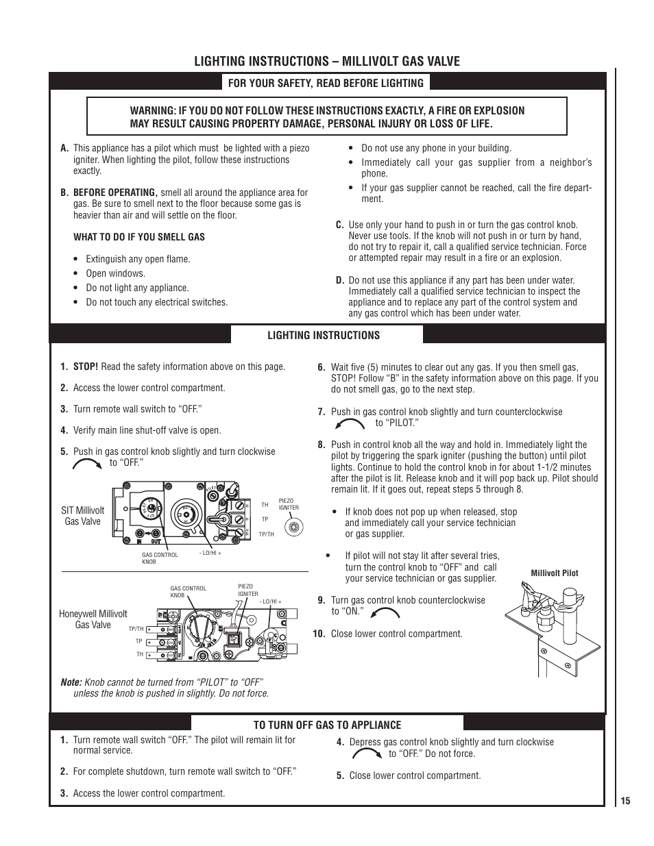 Lighting instructions – millivolt gas valve, Lighting instructions | Lennox Hearth ELITE EBVI30US User Manual | Page 15 / 20