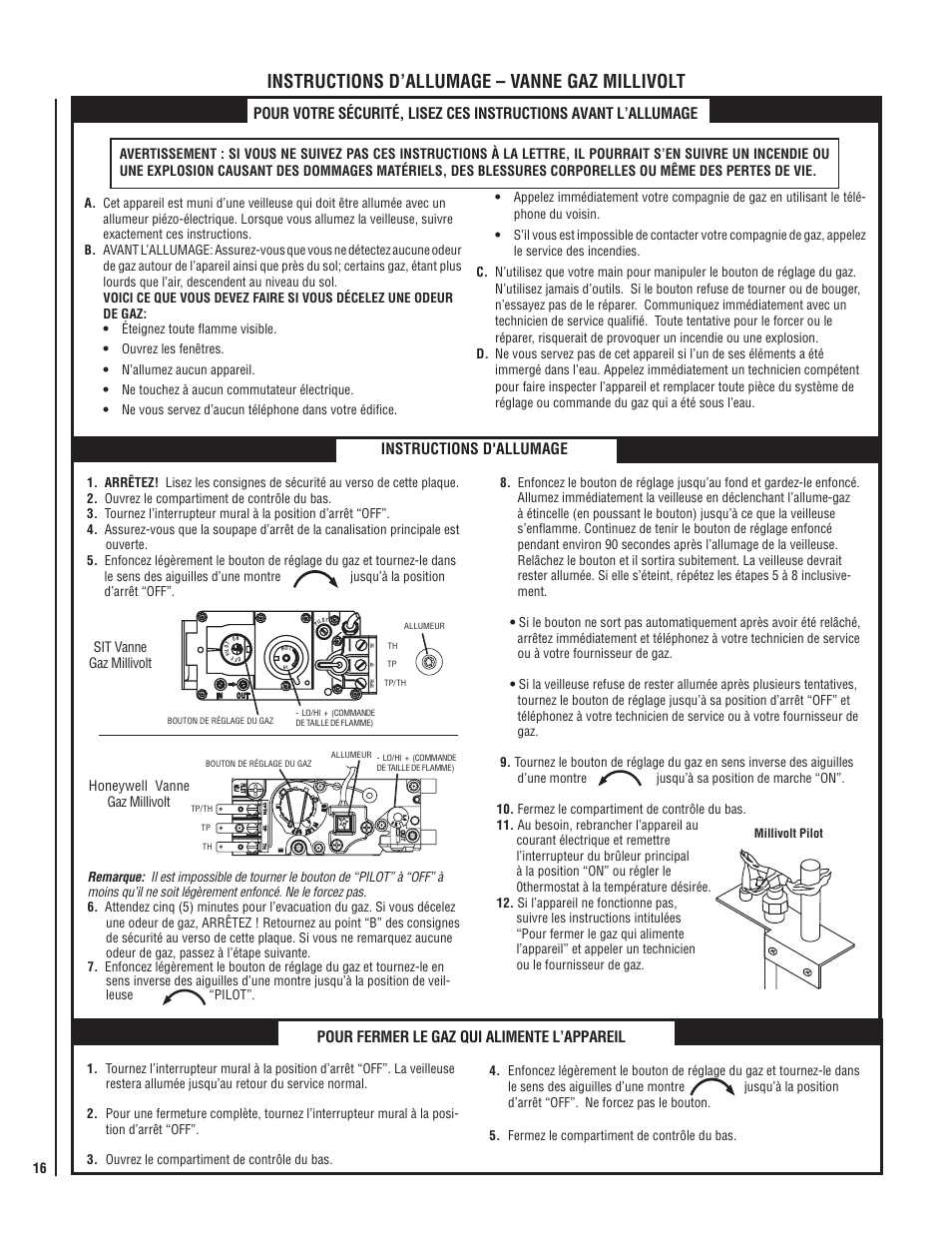 Instructions d’allumage – vanne gaz millivolt, Instructions d'allumage, Pour fermer le gaz qui alimente l’appareil | Lennox Hearth ELITE EBVI30US User Manual | Page 16 / 20