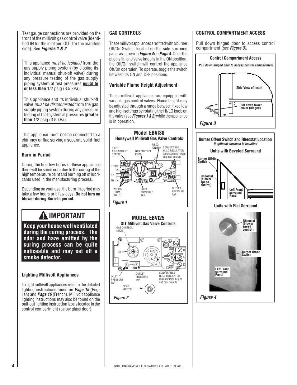 Important, Model ebvi30, Model ebvi5 | Burn-in period, Gas controls, Variable flame height adjustment, Lighting millivolt appliances, Control compartment access, Figure 3 figure 4 | Lennox Hearth ELITE EBVI30US User Manual | Page 4 / 20