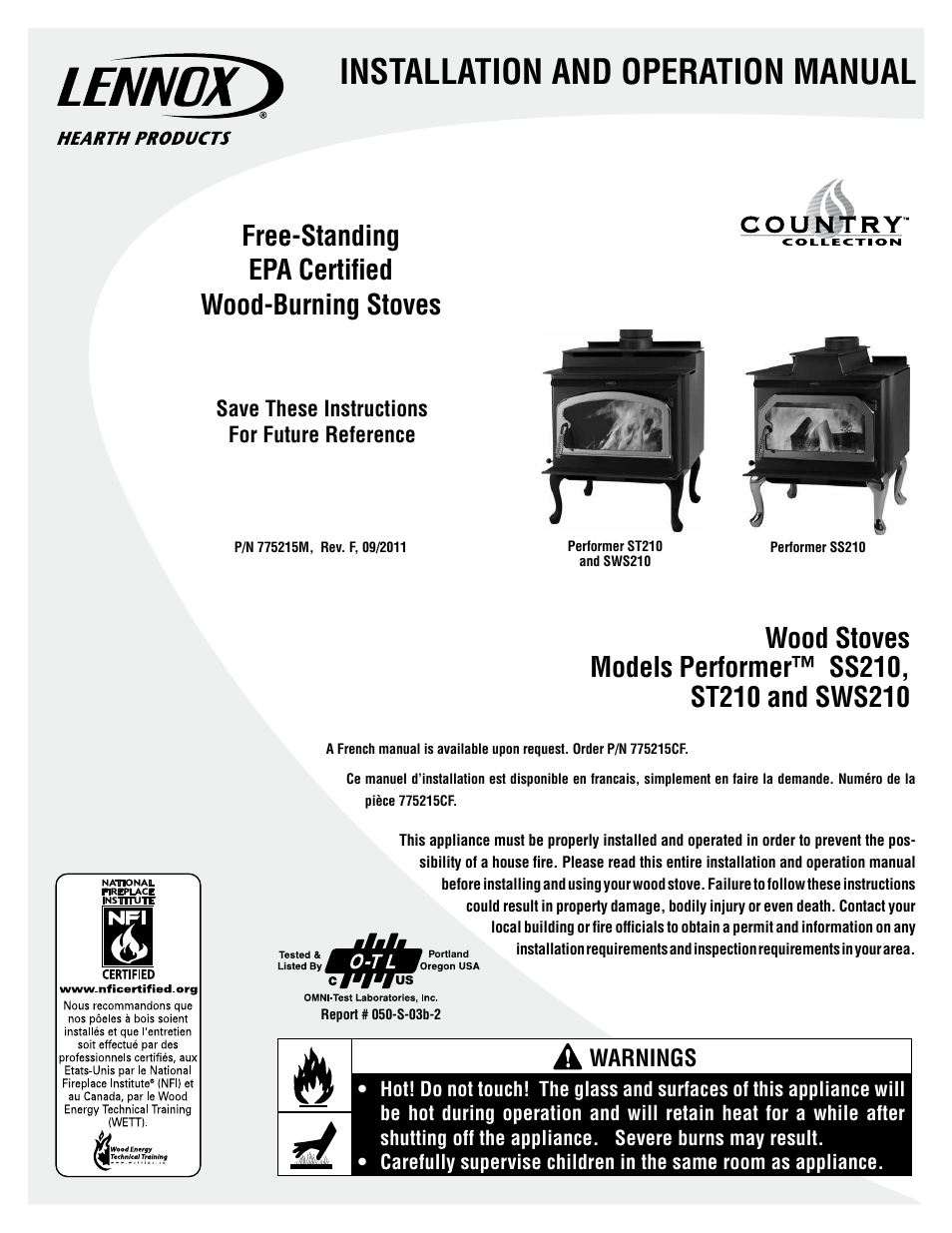 Lennox Hearth PERFORMER SWS210 User Manual | 34 pages