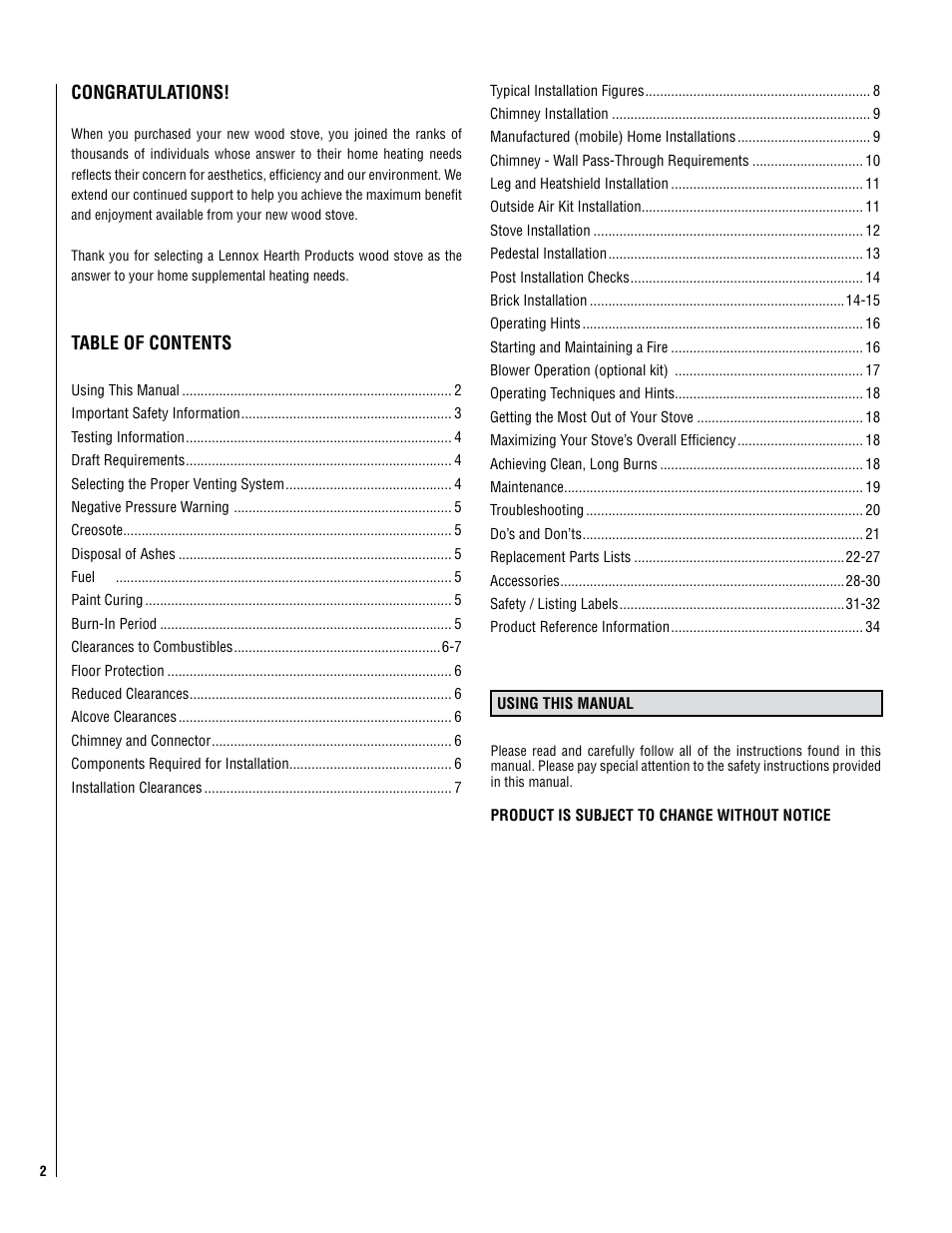 Lennox Hearth PERFORMER SWS210 User Manual | Page 2 / 34