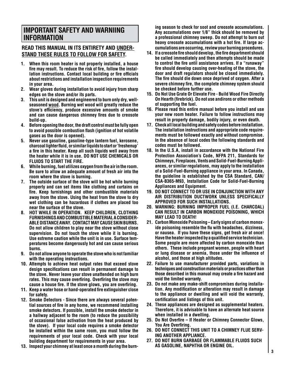 Important safety and warniing information | Lennox Hearth PERFORMER SWS210 User Manual | Page 3 / 34