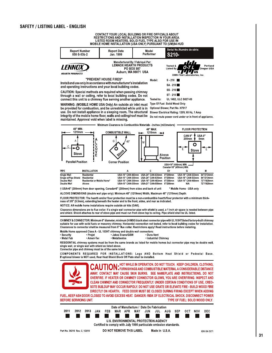 Lennox Hearth PERFORMER SWS210 User Manual | Page 31 / 34