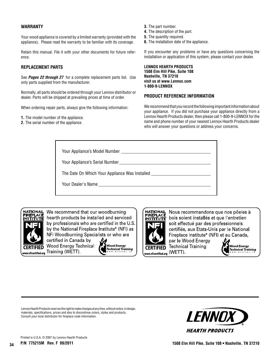 Lennox Hearth PERFORMER SWS210 User Manual | Page 34 / 34