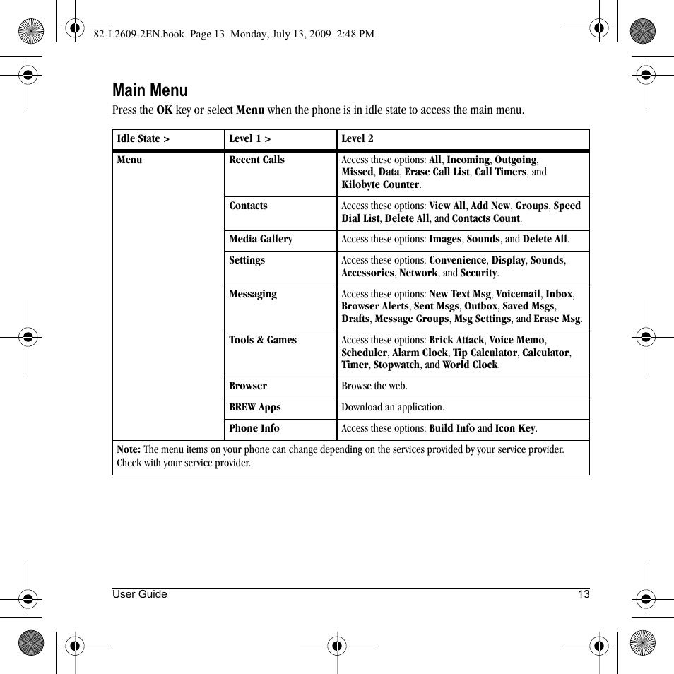 Main menu | Lennox Hearth S1300 User Manual | Page 13 / 72