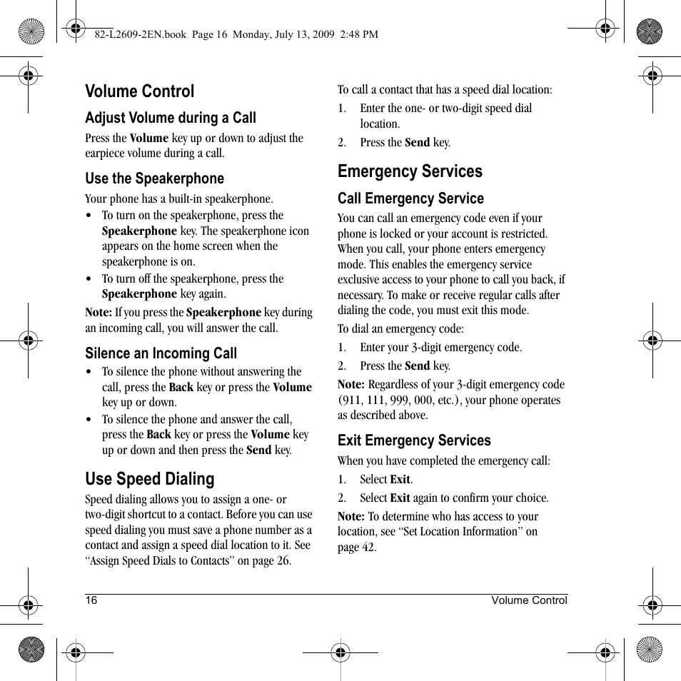 Volume control, Use speed dialing, Emergency services | Lennox Hearth S1300 User Manual | Page 16 / 72