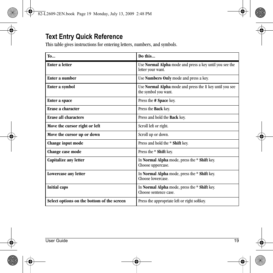 Text entry quick reference | Lennox Hearth S1300 User Manual | Page 19 / 72
