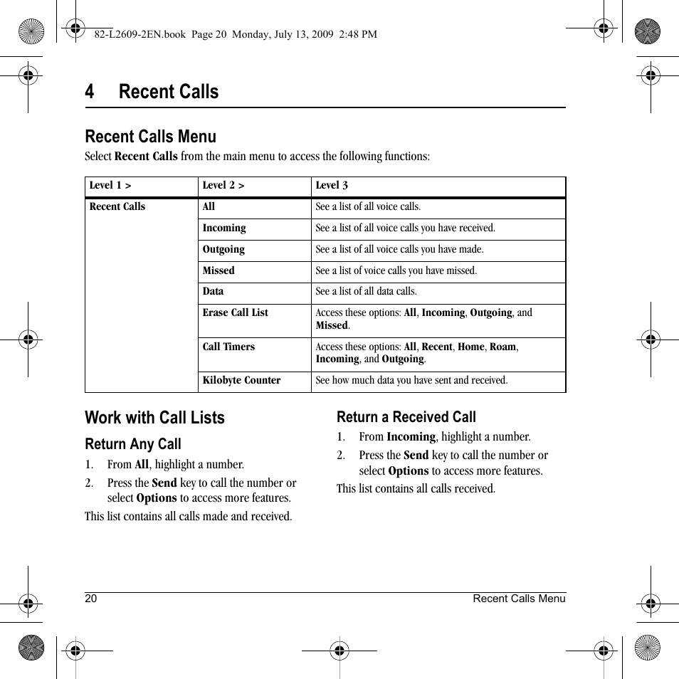 4recent calls, Recent calls menu, Work with call lists | Lennox Hearth S1300 User Manual | Page 20 / 72