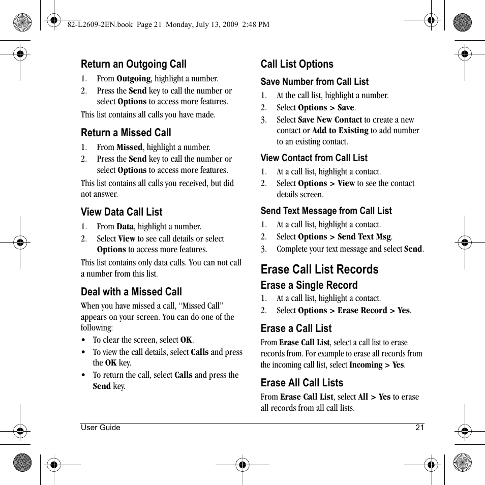 Erase call list records | Lennox Hearth S1300 User Manual | Page 21 / 72
