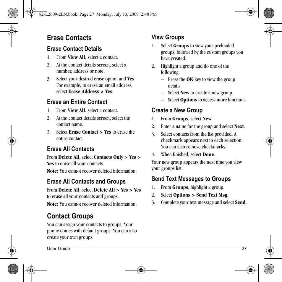 Erase contacts, Contact groups | Lennox Hearth S1300 User Manual | Page 27 / 72