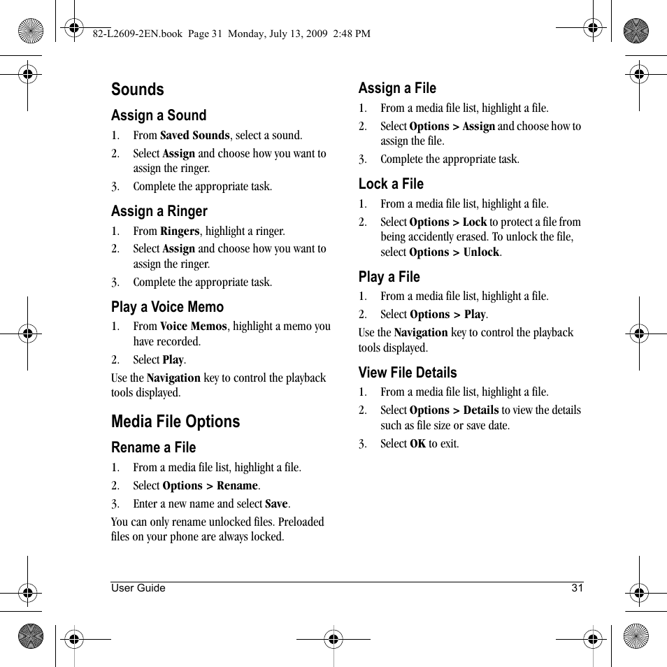 Sounds, Media file options | Lennox Hearth S1300 User Manual | Page 31 / 72