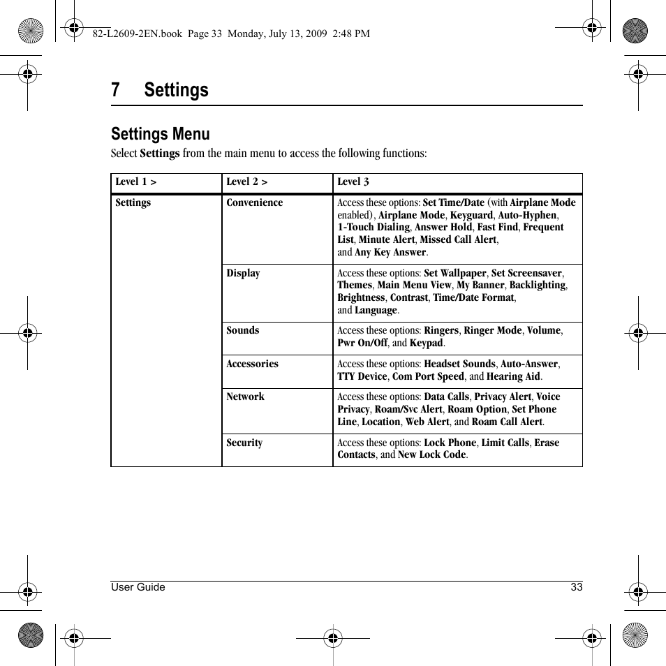7settings, Settings menu | Lennox Hearth S1300 User Manual | Page 33 / 72