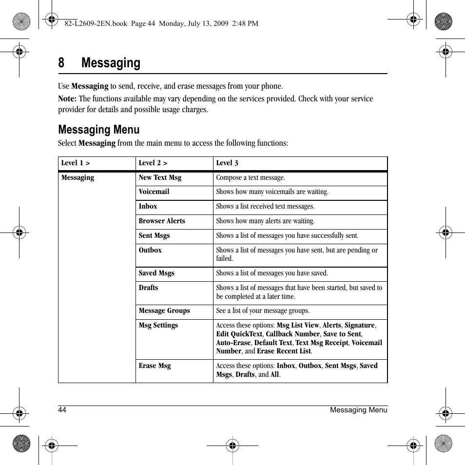 8messaging, Messaging menu | Lennox Hearth S1300 User Manual | Page 44 / 72