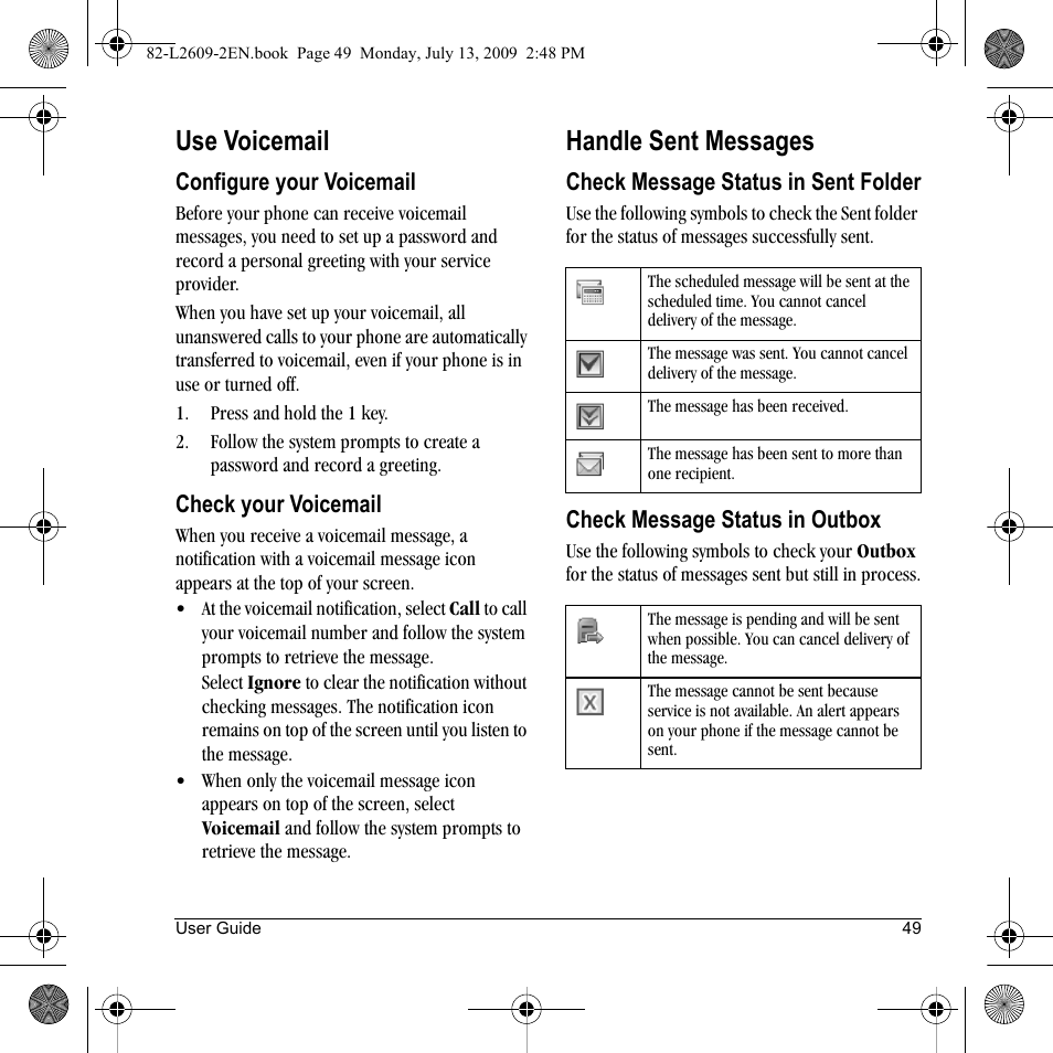 Use voicemail, Handle sent messages | Lennox Hearth S1300 User Manual | Page 49 / 72