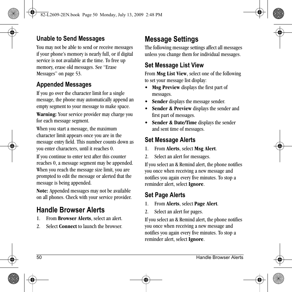 Handle browser alerts, Message settings | Lennox Hearth S1300 User Manual | Page 50 / 72