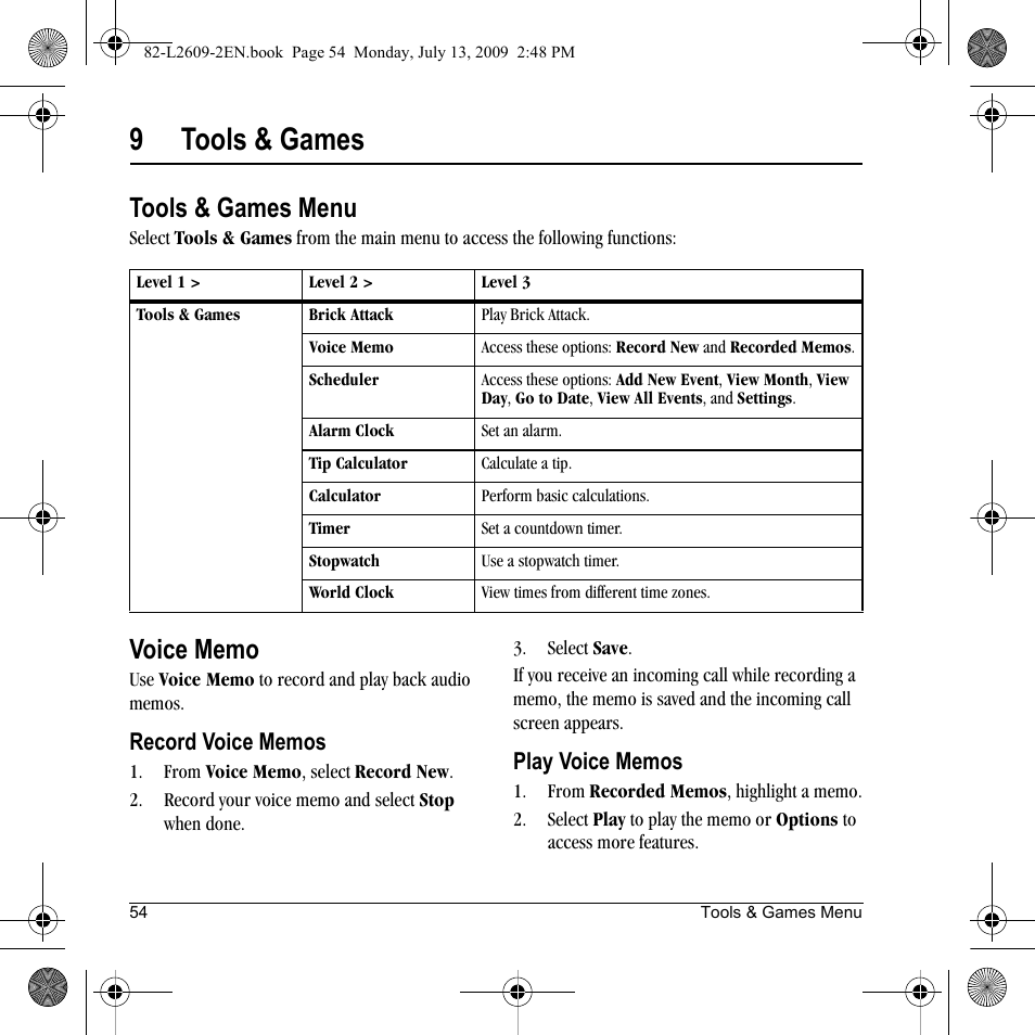 9tools & games, Tools & games menu | Lennox Hearth S1300 User Manual | Page 54 / 72