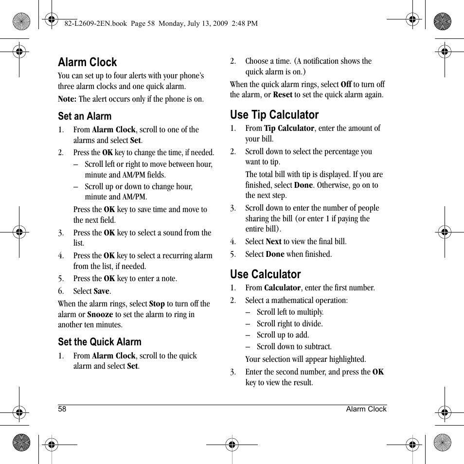 Alarm clock, Use tip calculator, Use calculator | Lennox Hearth S1300 User Manual | Page 58 / 72