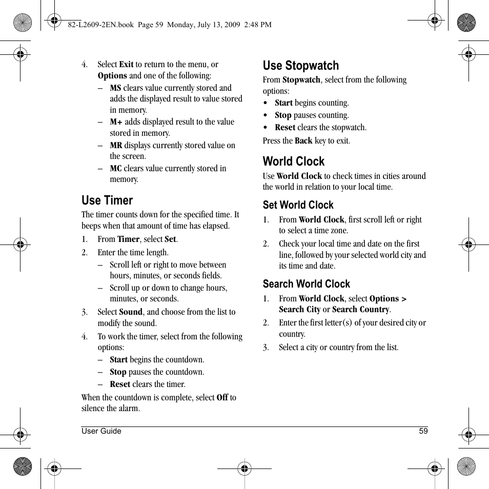 Use timer, Use stopwatch, World clock | Lennox Hearth S1300 User Manual | Page 59 / 72