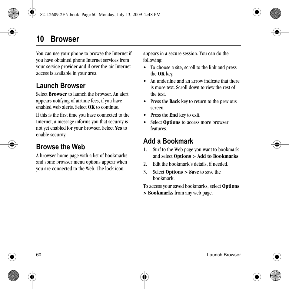 10 browser, Launch browser, Browse the web | Add a bookmark | Lennox Hearth S1300 User Manual | Page 60 / 72