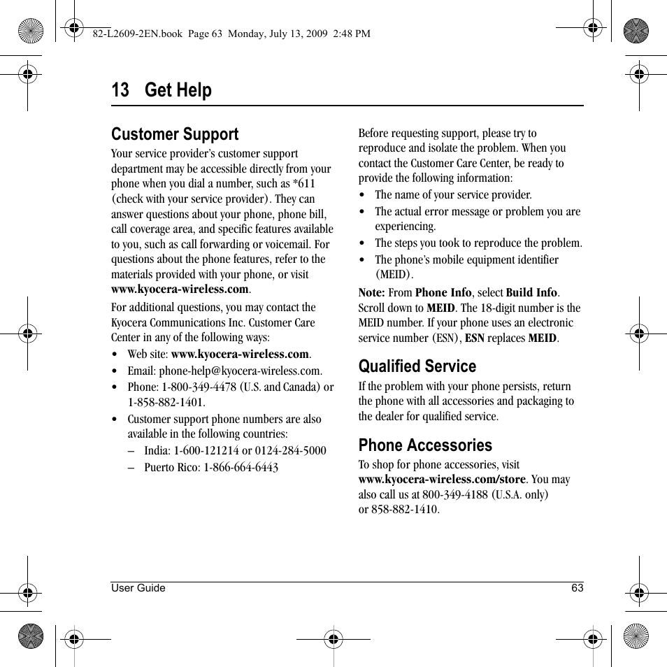13 get help, Customer support, Qualified service | Phone accessories | Lennox Hearth S1300 User Manual | Page 63 / 72