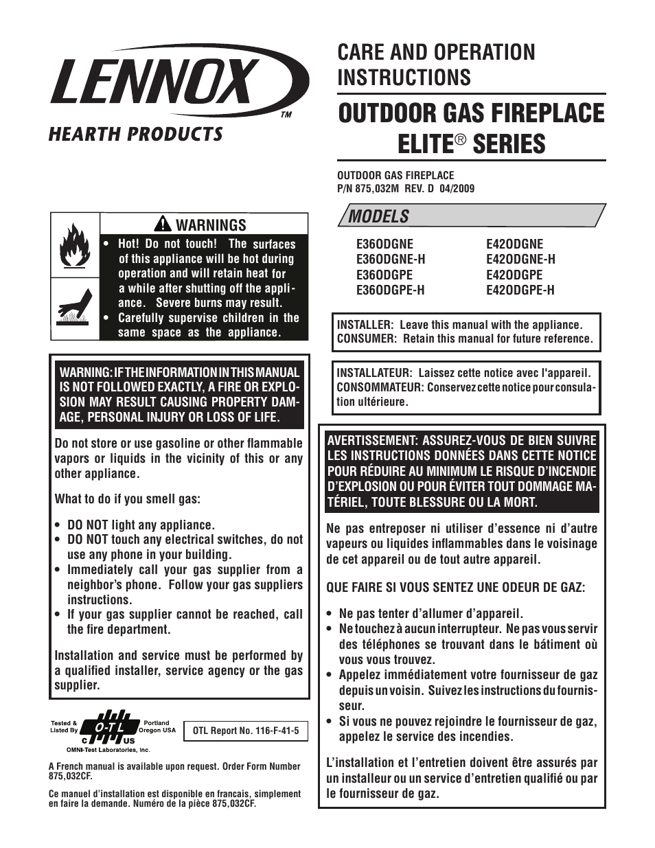 Lennox Hearth ELITE E36ODGPE-H User Manual | 16 pages