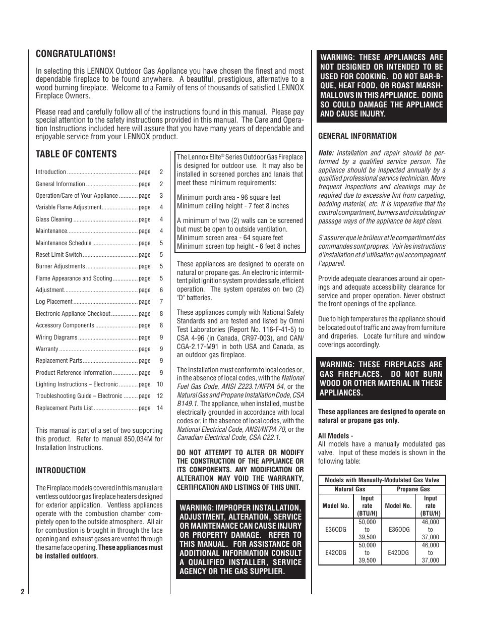 Lennox Hearth ELITE E36ODGPE-H User Manual | Page 2 / 16