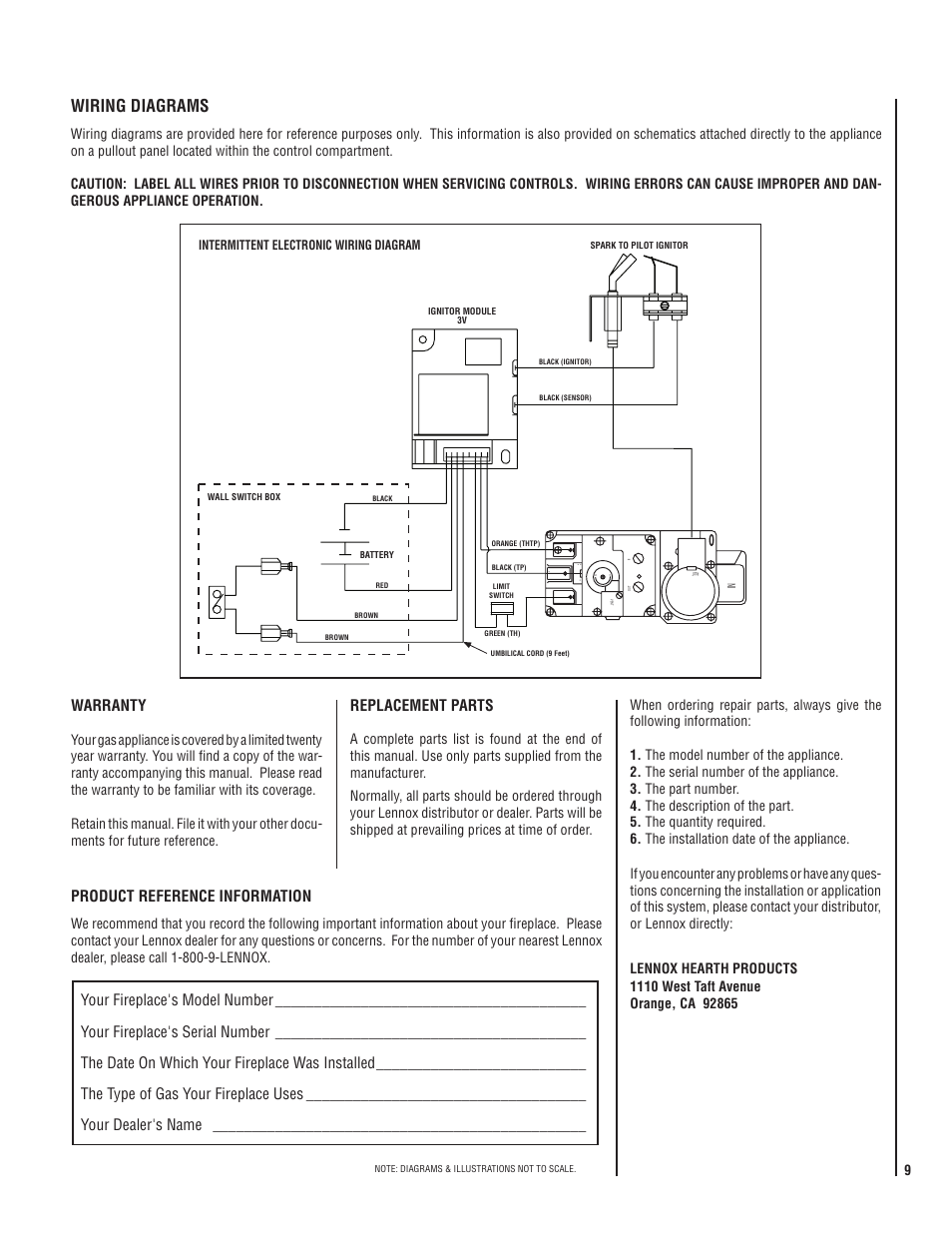 Wiring diagrams, Warranty, Replacement parts | Product reference information | Lennox Hearth ELITE E36ODGPE-H User Manual | Page 9 / 16