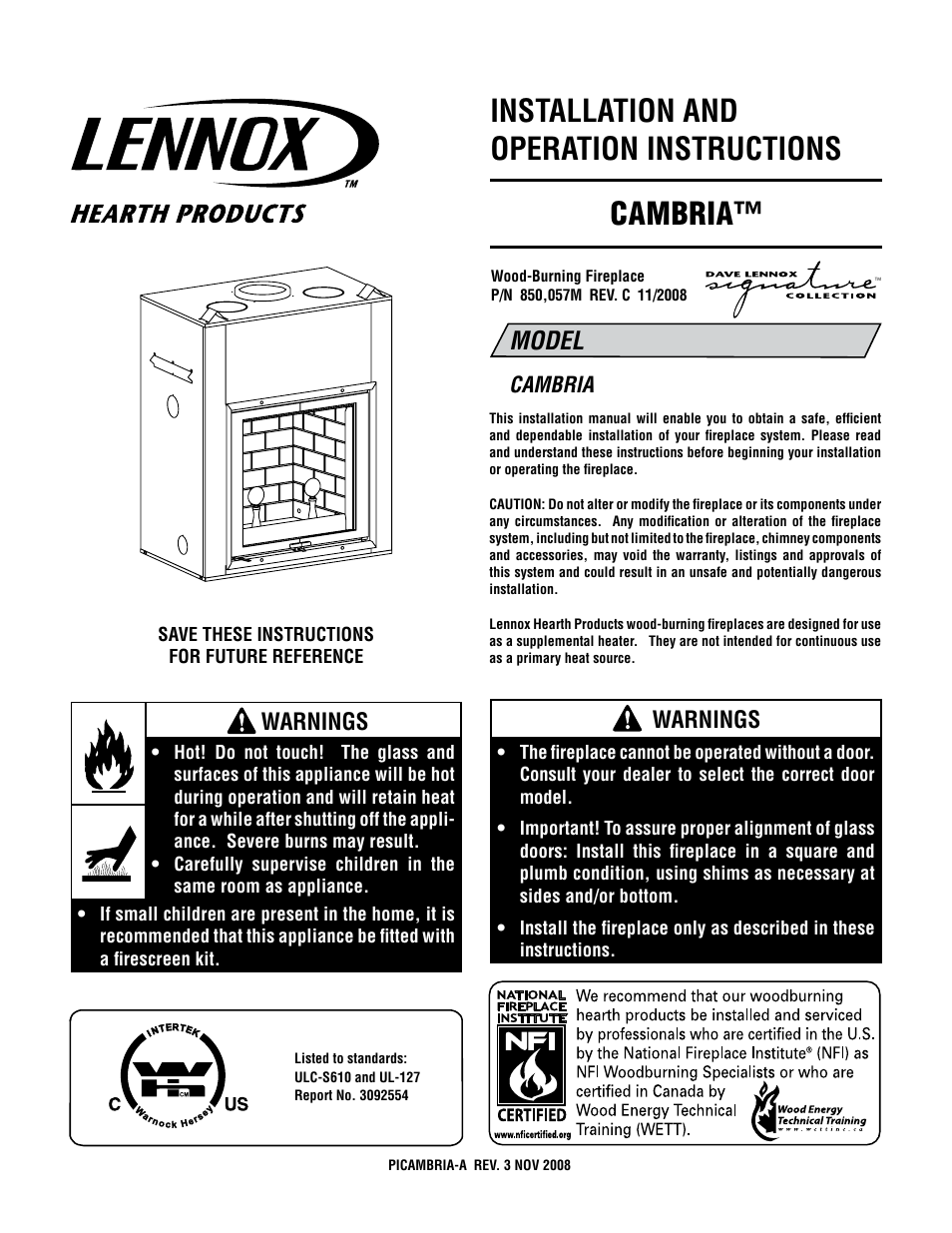 Lennox Hearth Cambria User Manual | 26 pages
