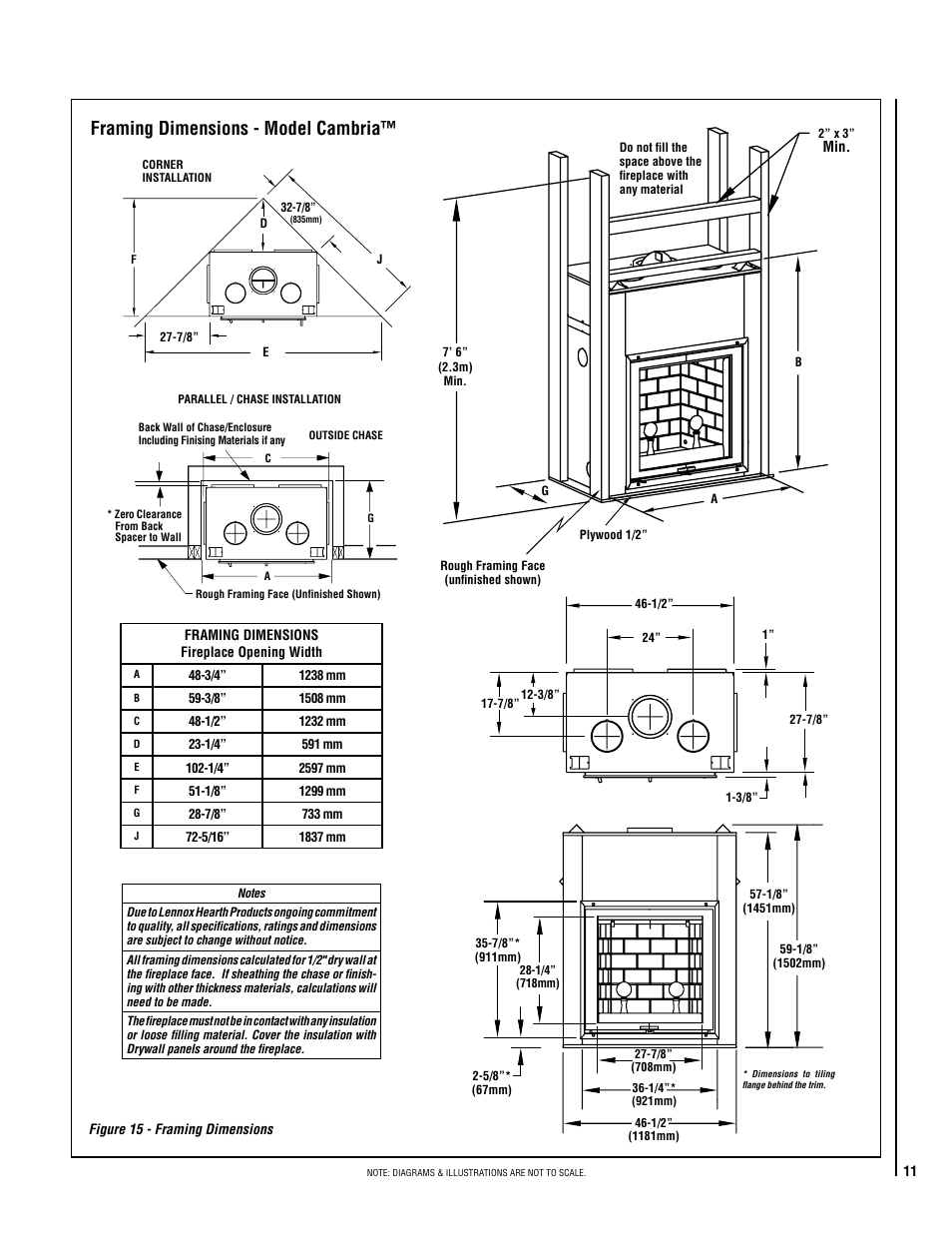 Framing dimensions - model cambria | Lennox Hearth Cambria User Manual | Page 11 / 26