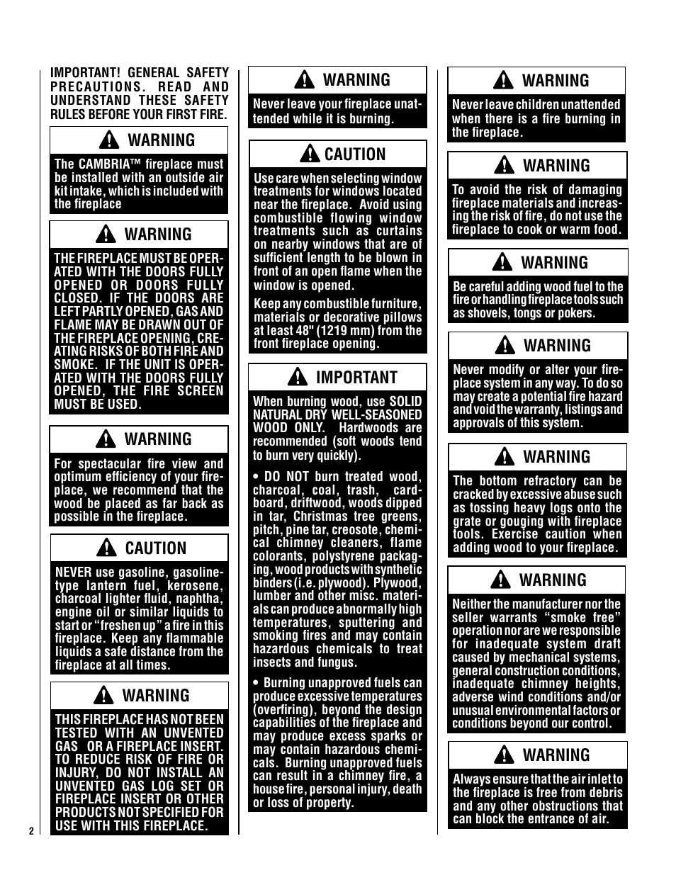 Warning, Caution, Important | Lennox Hearth Cambria User Manual | Page 2 / 26