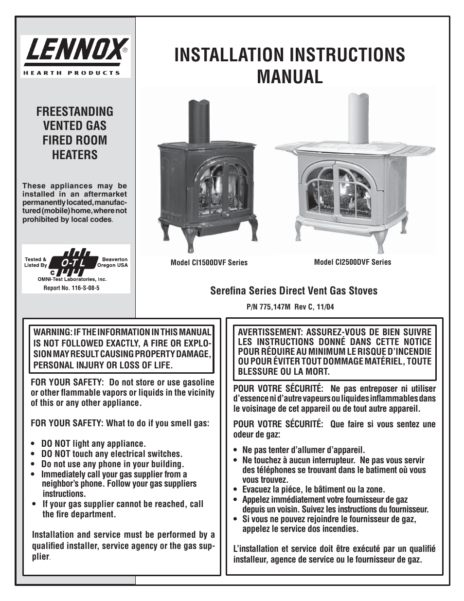 Lennox Hearth 775 User Manual | 18 pages