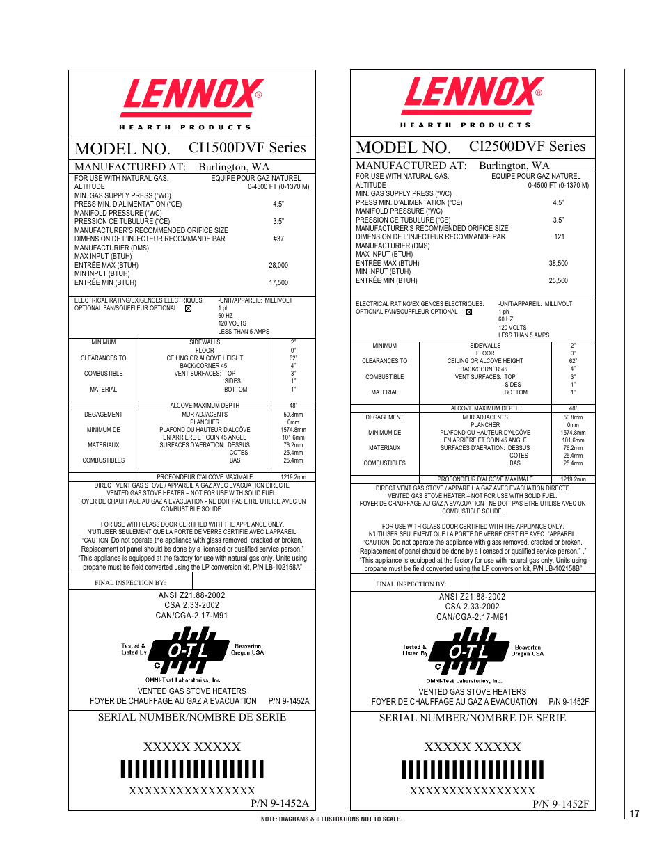 Model no, Ci1500dvf series, Ci2500dvf series | Manufactured at: burlington, wa, Serial number/nombre de serie | Lennox Hearth 775 User Manual | Page 17 / 18