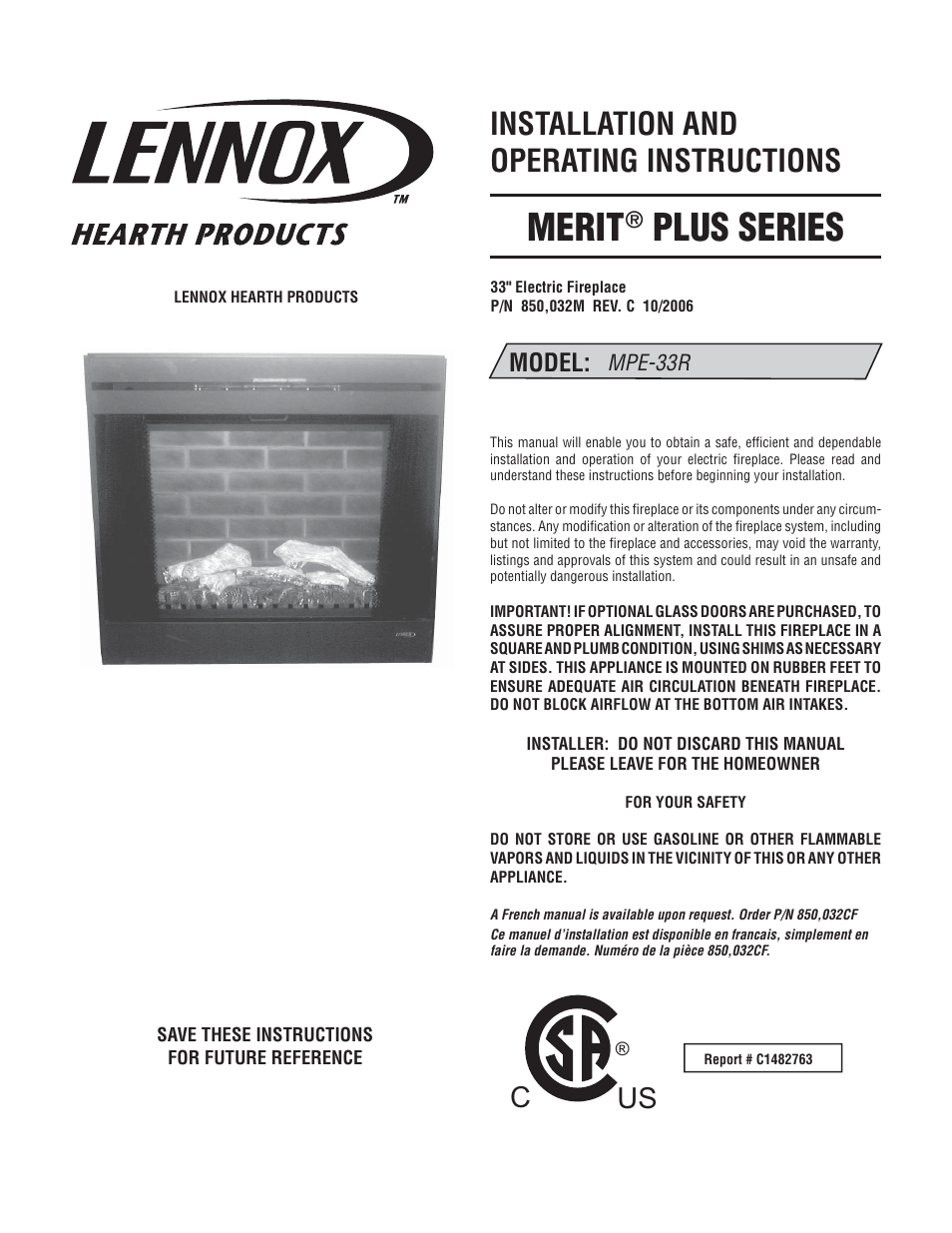 Lennox Hearth LENNOX MPE-33R User Manual | 20 pages