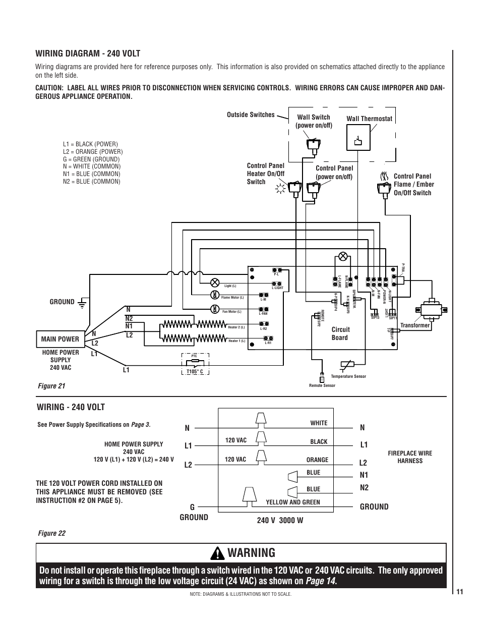 Warning, Wiring diagram - 240 volt, Wiring - 240 volt | Lennox Hearth LENNOX MPE-33R User Manual | Page 11 / 20