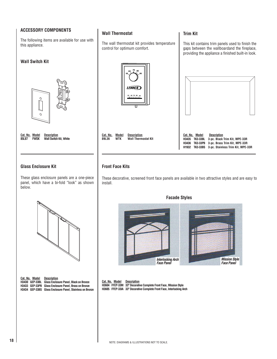 Accessory components, Wall thermostat, Wall switch kit trim kit glass enclosure kit | Front face kits, Facade styles | Lennox Hearth LENNOX MPE-33R User Manual | Page 18 / 20
