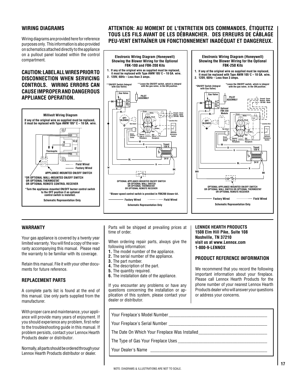 Wiring diagrams, Product reference information, Warranty | Replacement parts | Lennox Hearth ELITE EDV3530CNM-B User Manual | Page 17 / 32