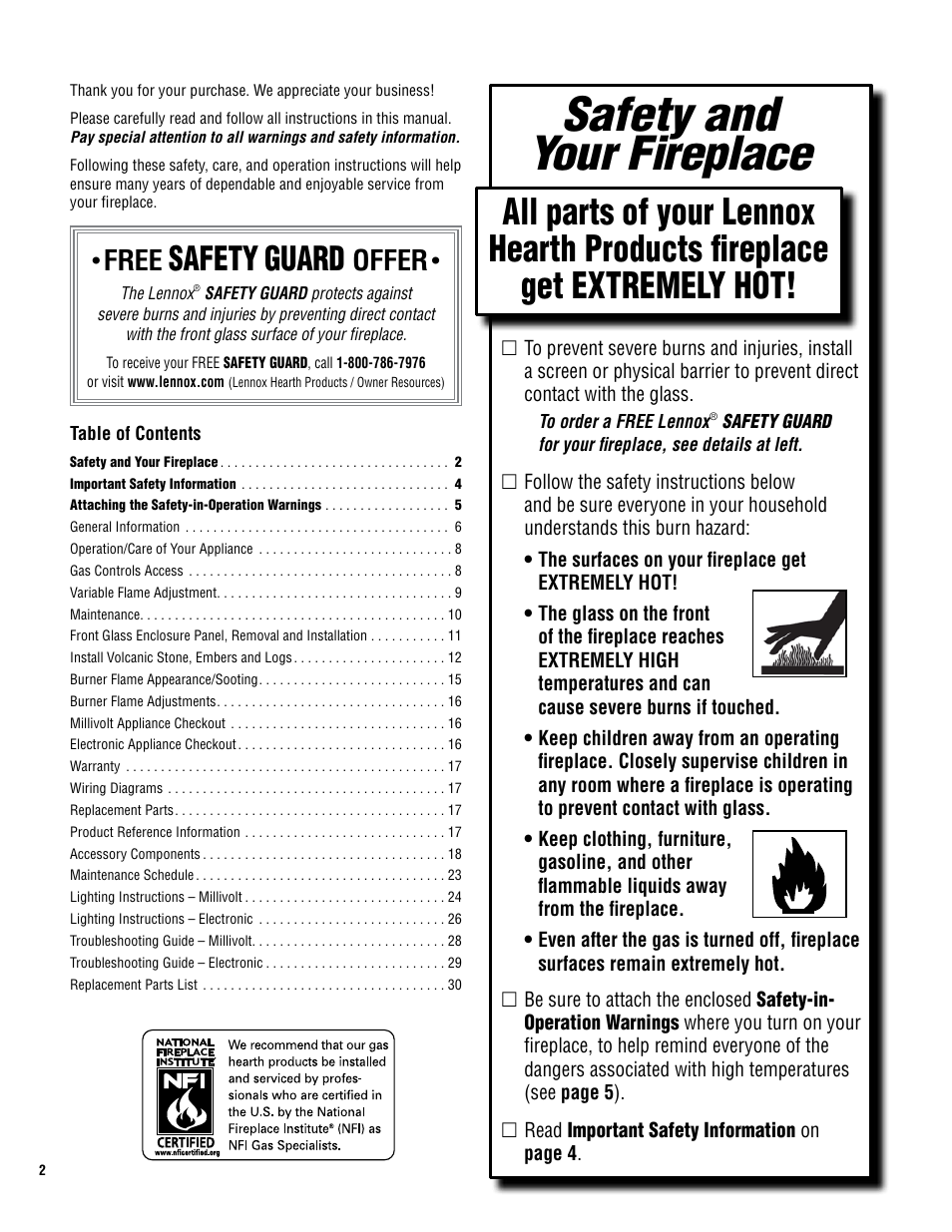 Safety and your fireplace, Safety, Guard | Free, Offer | Lennox Hearth ELITE EDV3530CNM-B User Manual | Page 2 / 32